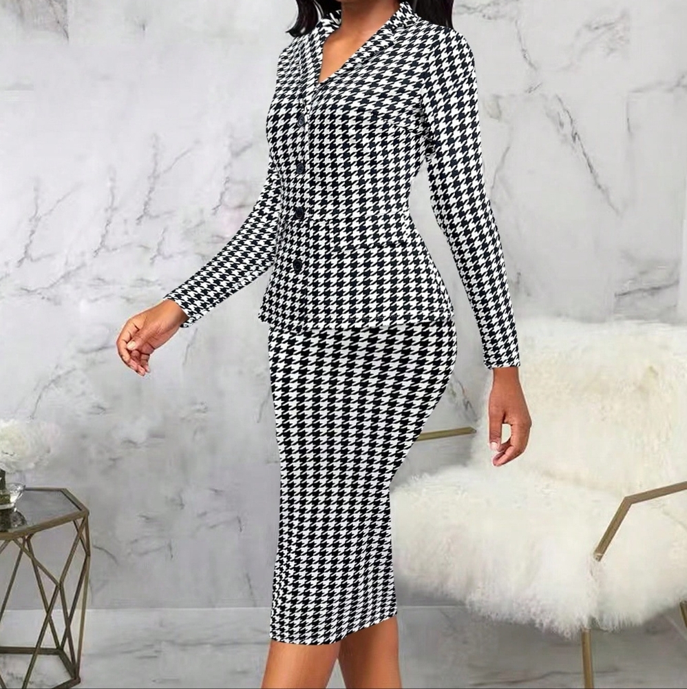 Women's Lapel Collar Button Up Blouse And Skirt Suit Set - Picture 3 of 3